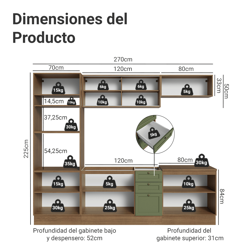 Cocina Integral 270 cm Marrón/Verde Vik Madesa 02