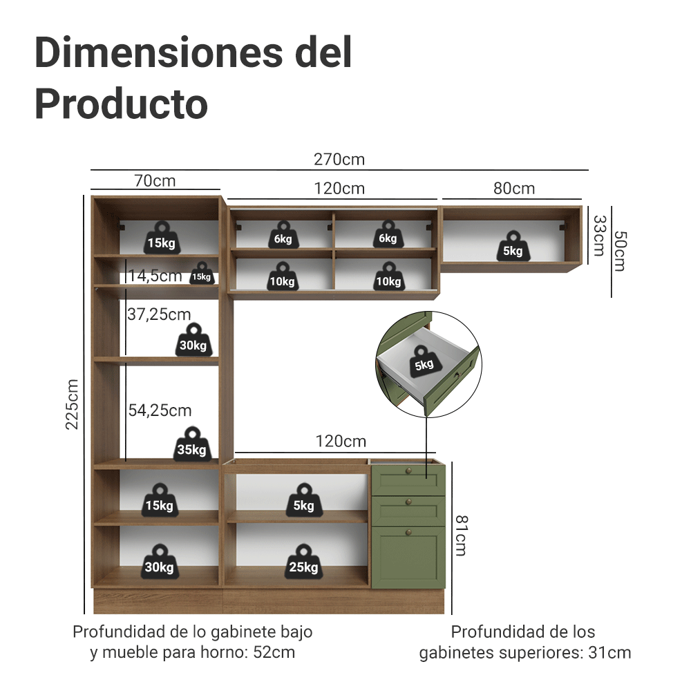 Cocina Integral 270 cm Marrón/Verde Vik Madesa 03