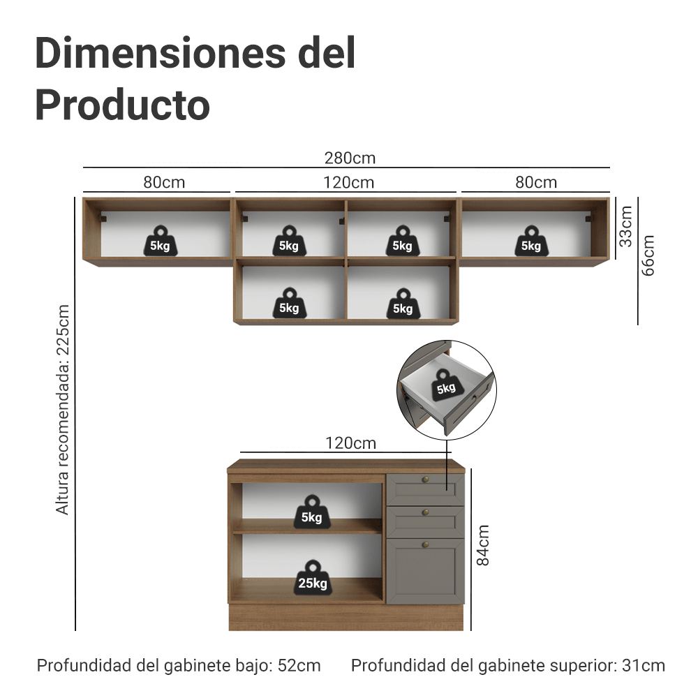 Cocina Integral 280 cm Marrón/Gris Vik Madesa 01