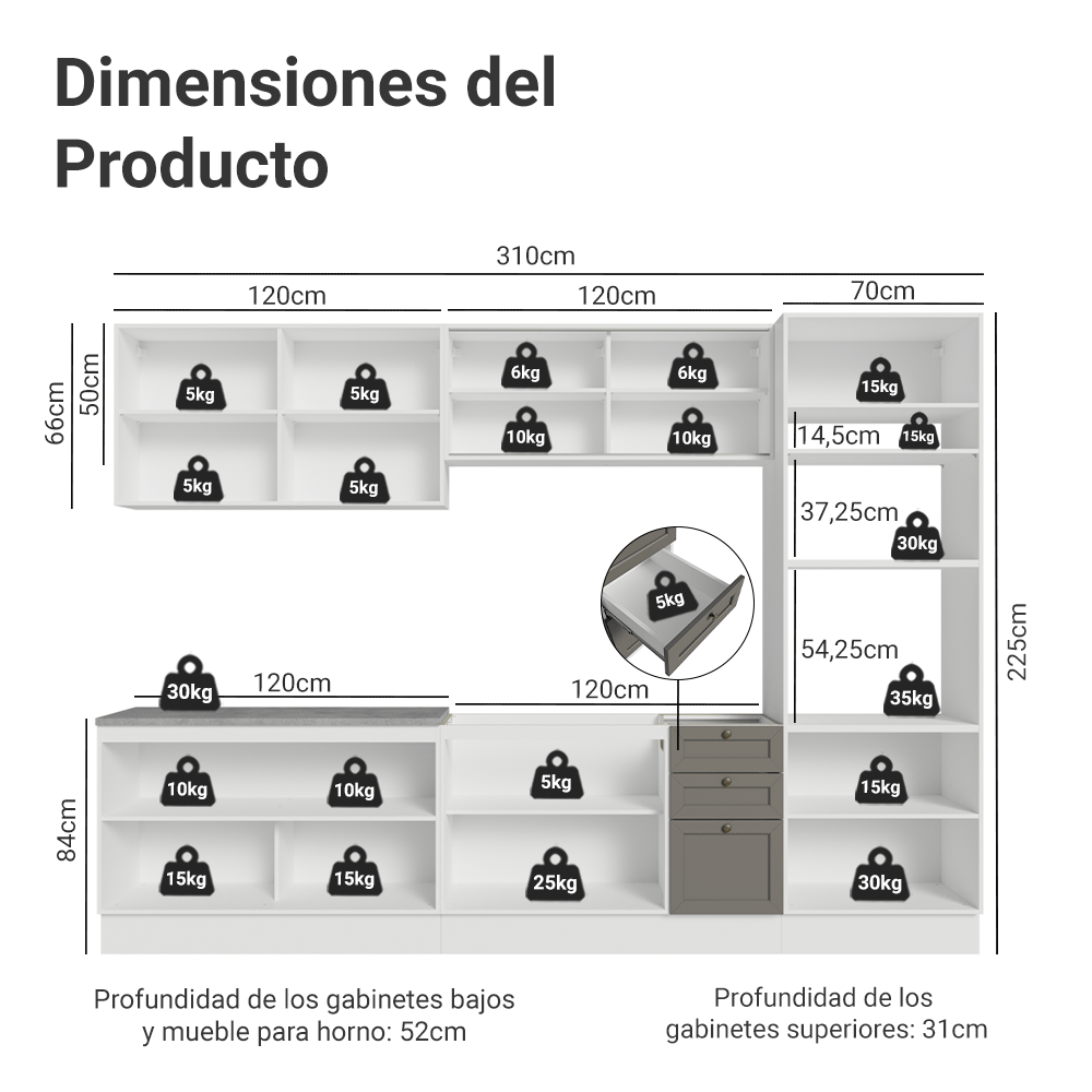 Cocina Integral 310 cm Blanco/Gris Vik Madesa 01