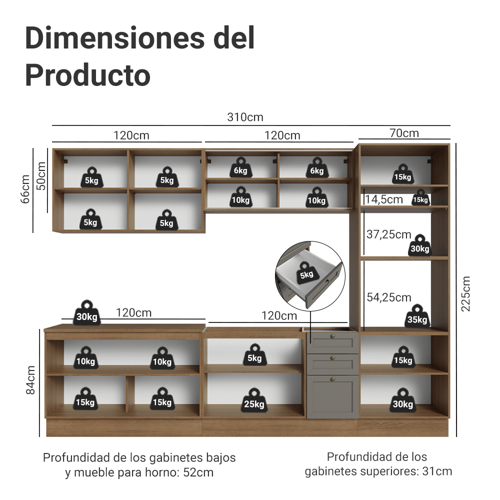 Cocina Integral 310 cm Marrón/Gris Vik Madesa 01