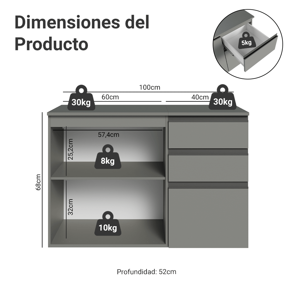 Gabinete para Baño 100 cm 1 Puertas 3 Cajones Sin Patas Nice Gris 03