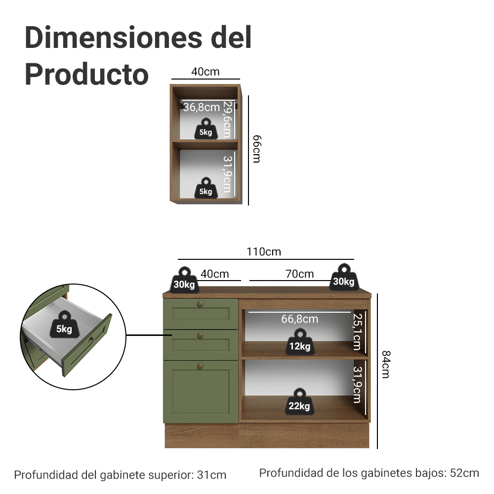 Combo Gabinete Bajo para Baño 110cm 3 Gavetas 3 Puertas Marrón/Verde Vik Madesa 01