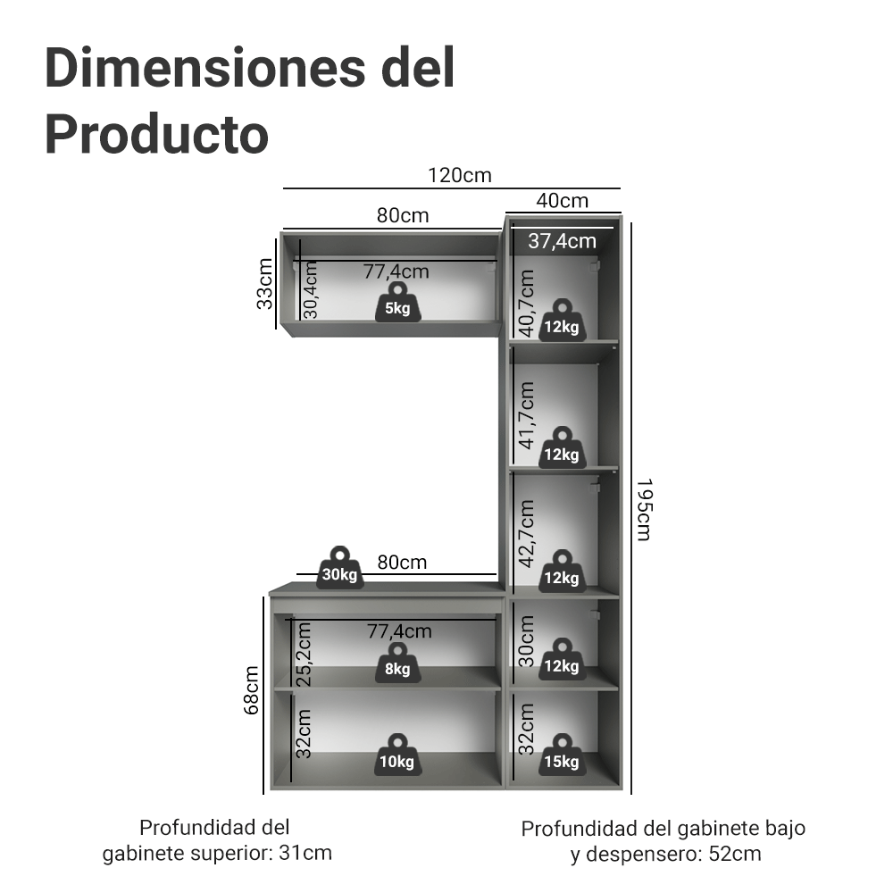 Gabinete para Bãno 120 cm 5 Puertas Sin Patas Nice Gris 02