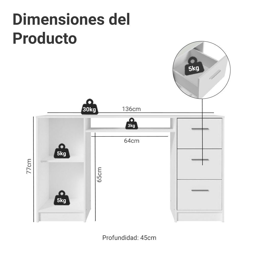 Escritorio Tocador 136cm 1 Puerta 3 Cajones Blanco