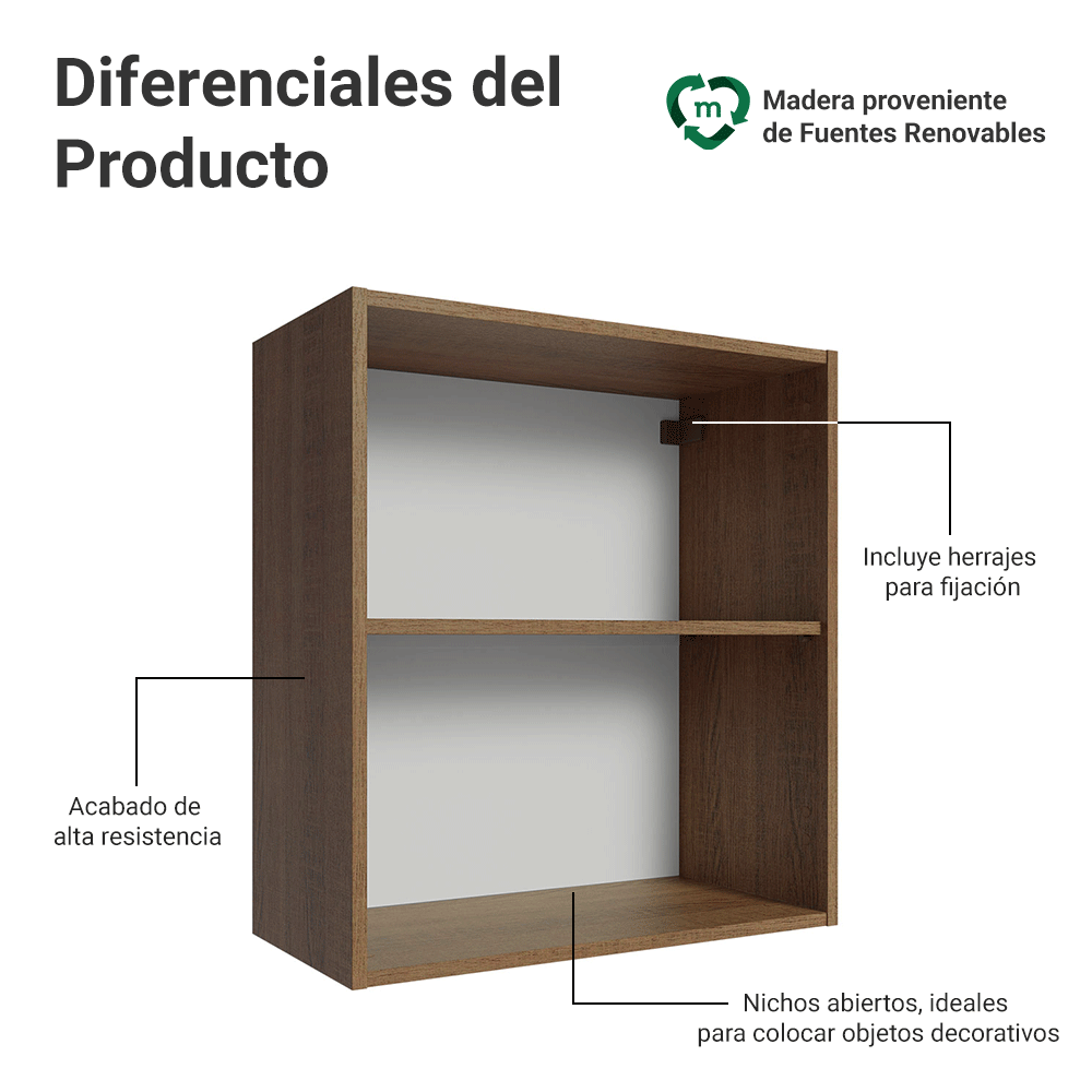 Gabinete Superior para Recámara 60 cm 2 Nichos Abiertos Marrón Neo Madesa