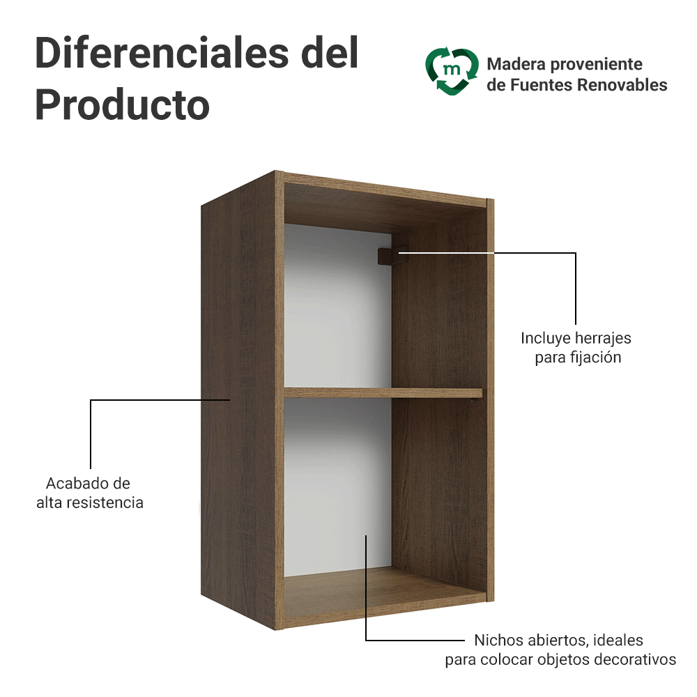 Gabinete Superior para Recámara 40 cm 2 Nichos Abiertos Marrón Neo Madesa