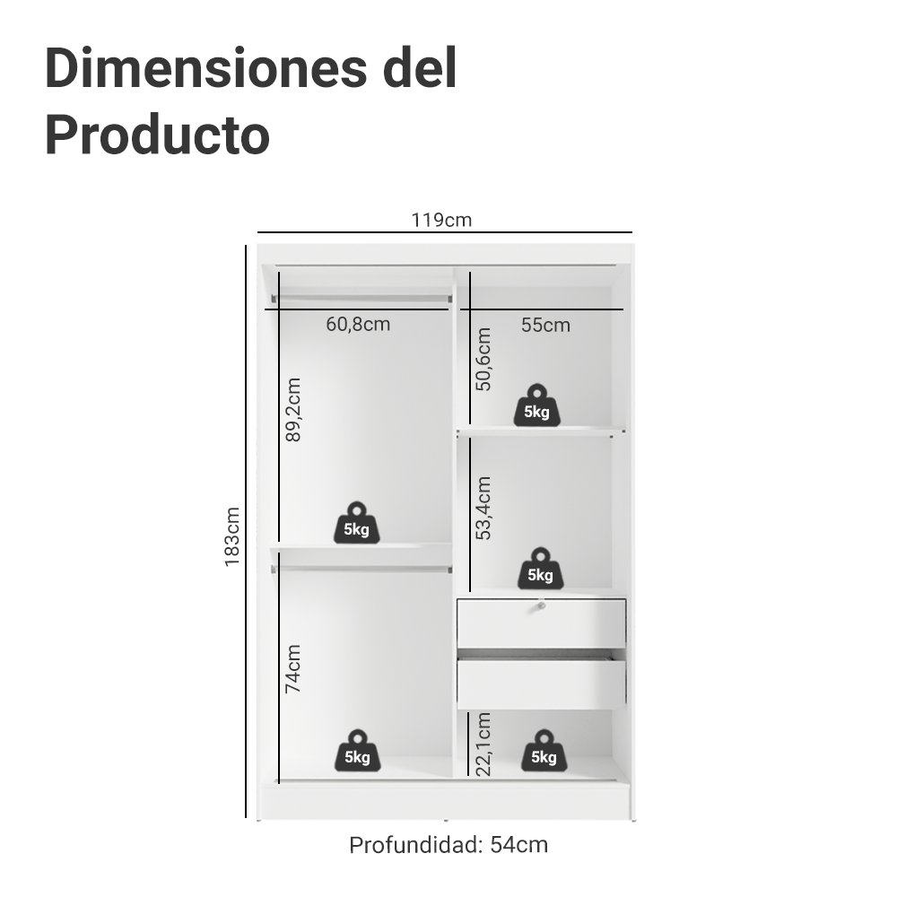 Recámara Infantil Clóset 119cm 2 Puertas 2 Cajones y Cómoda 6 Cajones Blanco