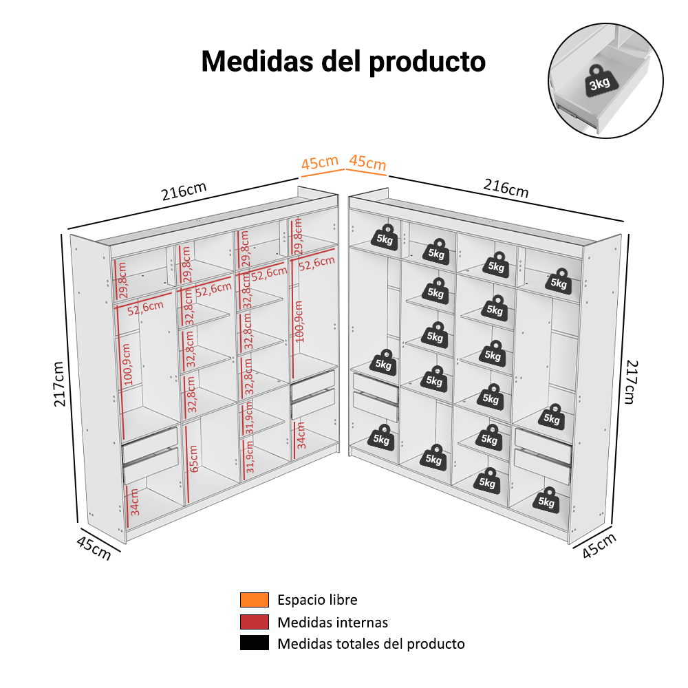 Clóset Esquinero 522 cm 8 Cajones Blanco Venus Madesa