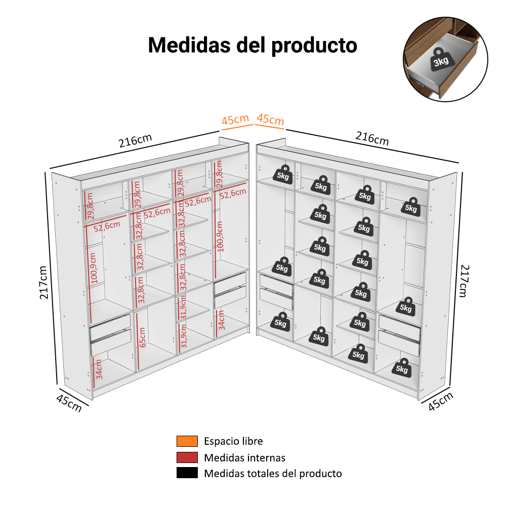 Clóset Esquinero 522 cm 8 Cajones Marrón Venus Madesa