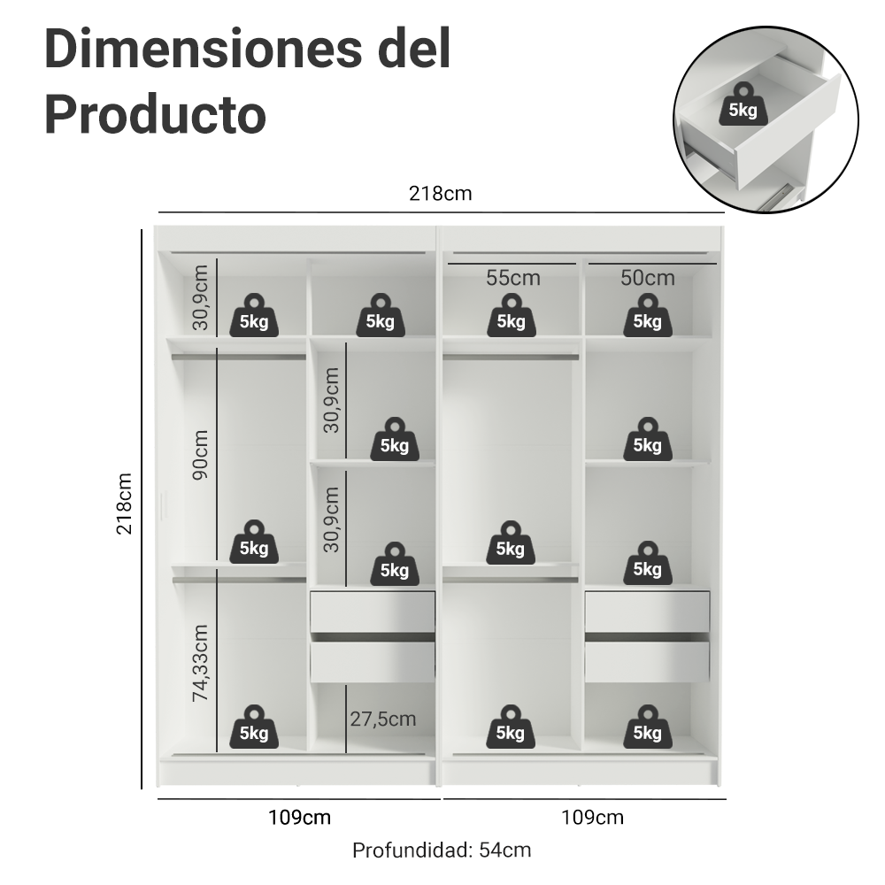 Conjunto de 2 Clósets 4 Puertas Corredizas Blanco Tokio Madesa