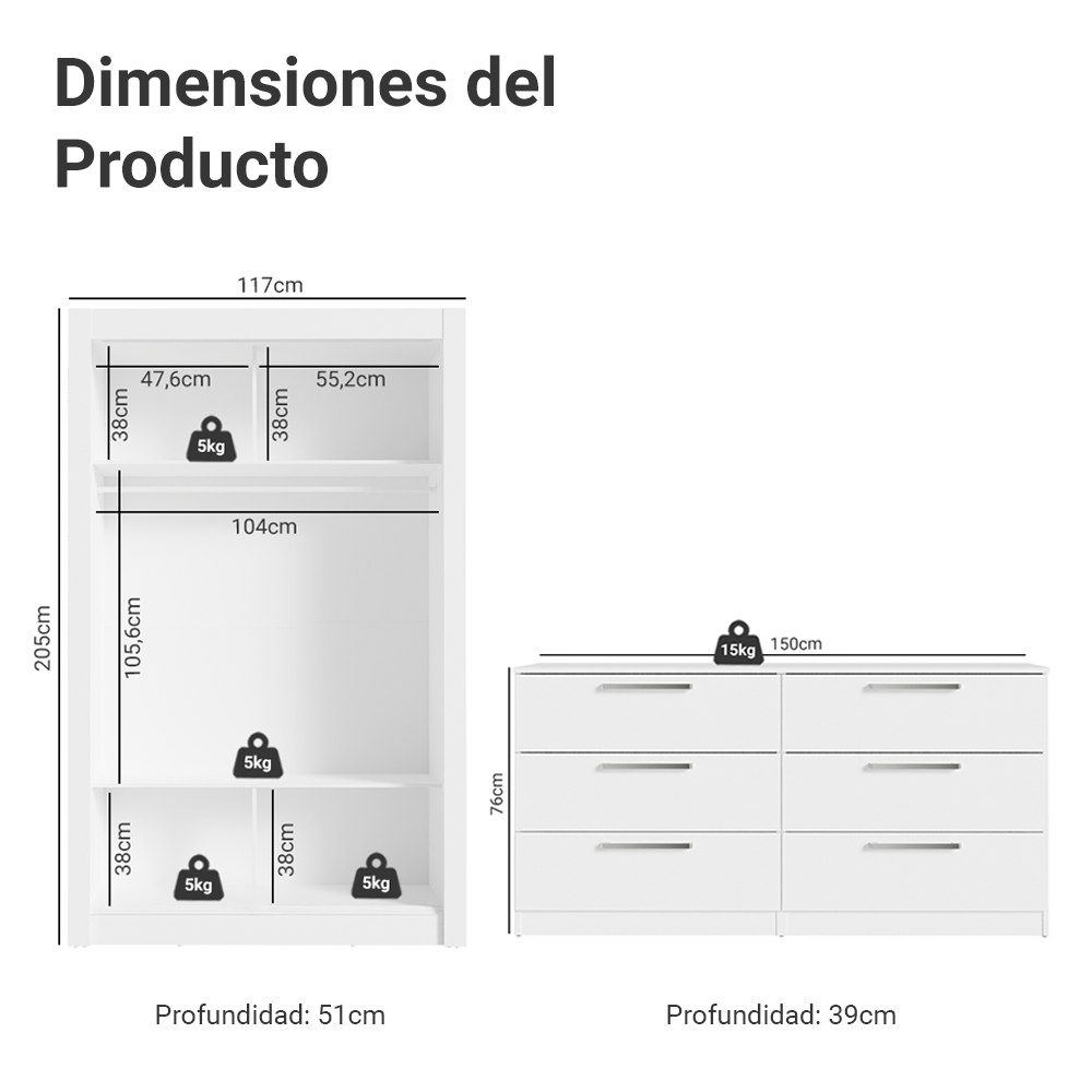 Conjunto de Recámara Individual con Clóset 2 Puertas con 1 Espejo y Cómoda Blanco Madesa