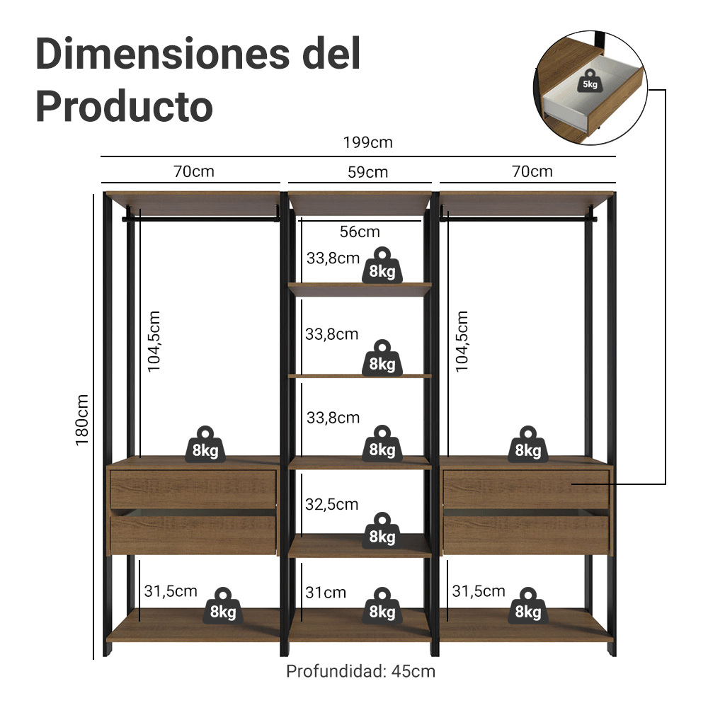 Clóset Modulado 4 Cajones 199cm Marrón/Negro 02 Valencia