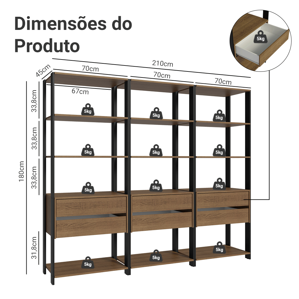 Clóset Modulado 6 Cajones 12 Niveles 210cm Marrón/Negro Valencia