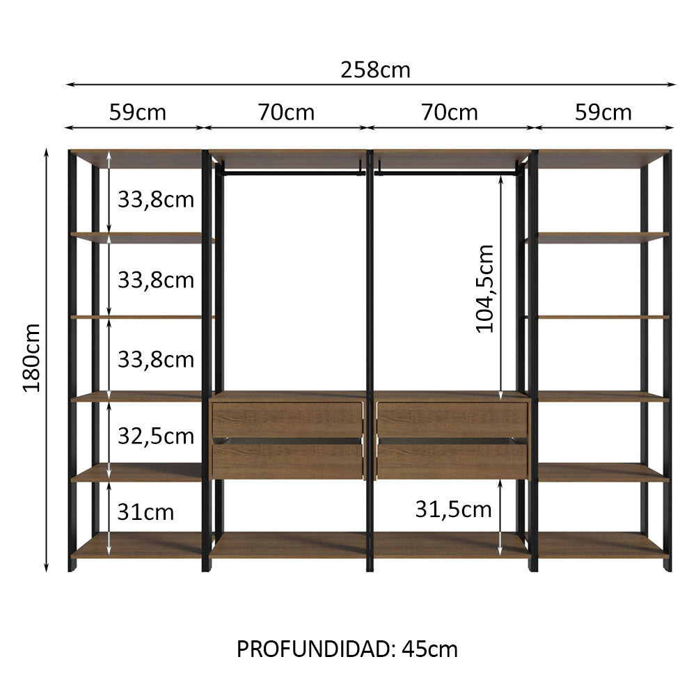 Clóset Modulado Valencia 4 Cajones 258cm Marrón/Negro 01