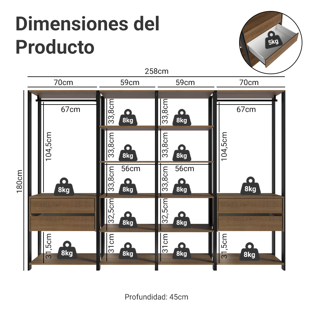 Clóset Modulado 4 Cajones 258cm Marrón/Negro Valencia 02
