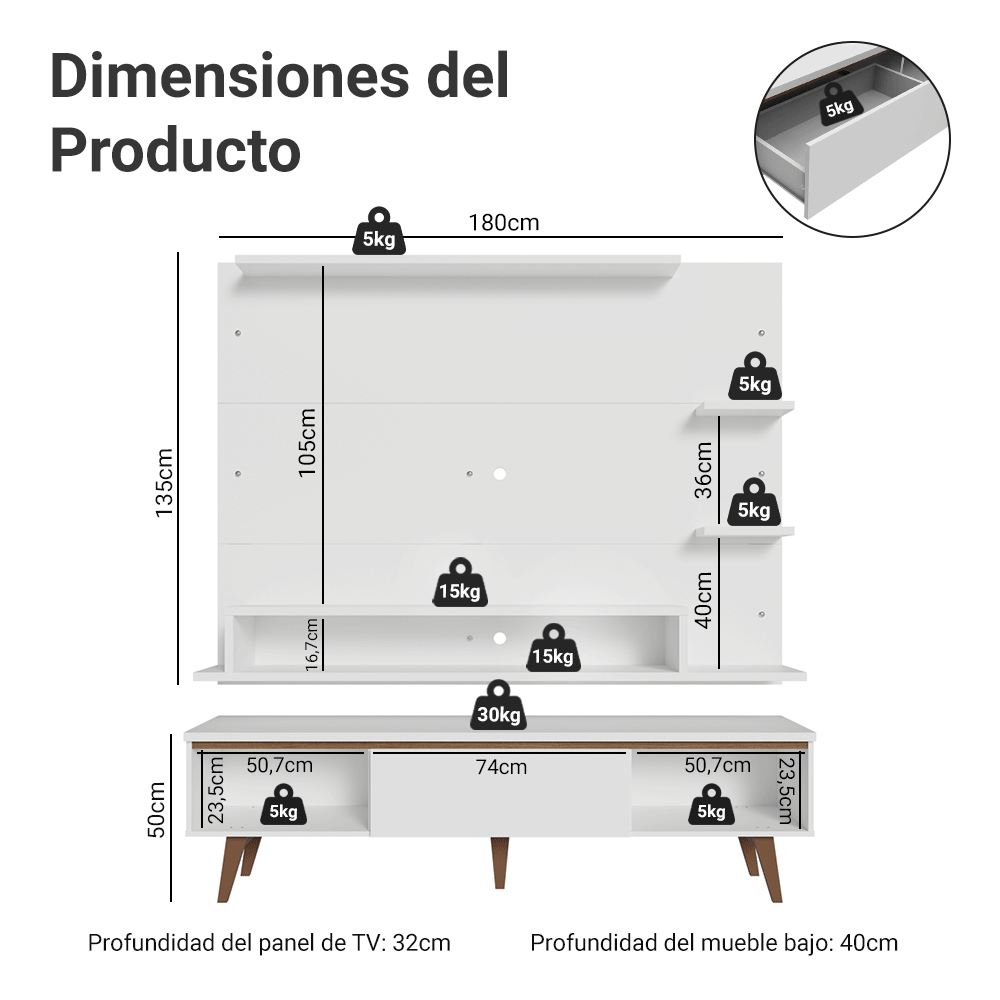 Mueble con Panel para TV hasta 60 Pulgadas 180 cm con patas Blanco/Marrón Reims Madesa