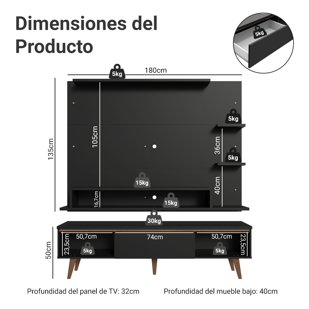 Mueble con Panel para TV hasta 60 Pulgadas 180 cm con patas Negro/Marrón Reims Madesa
