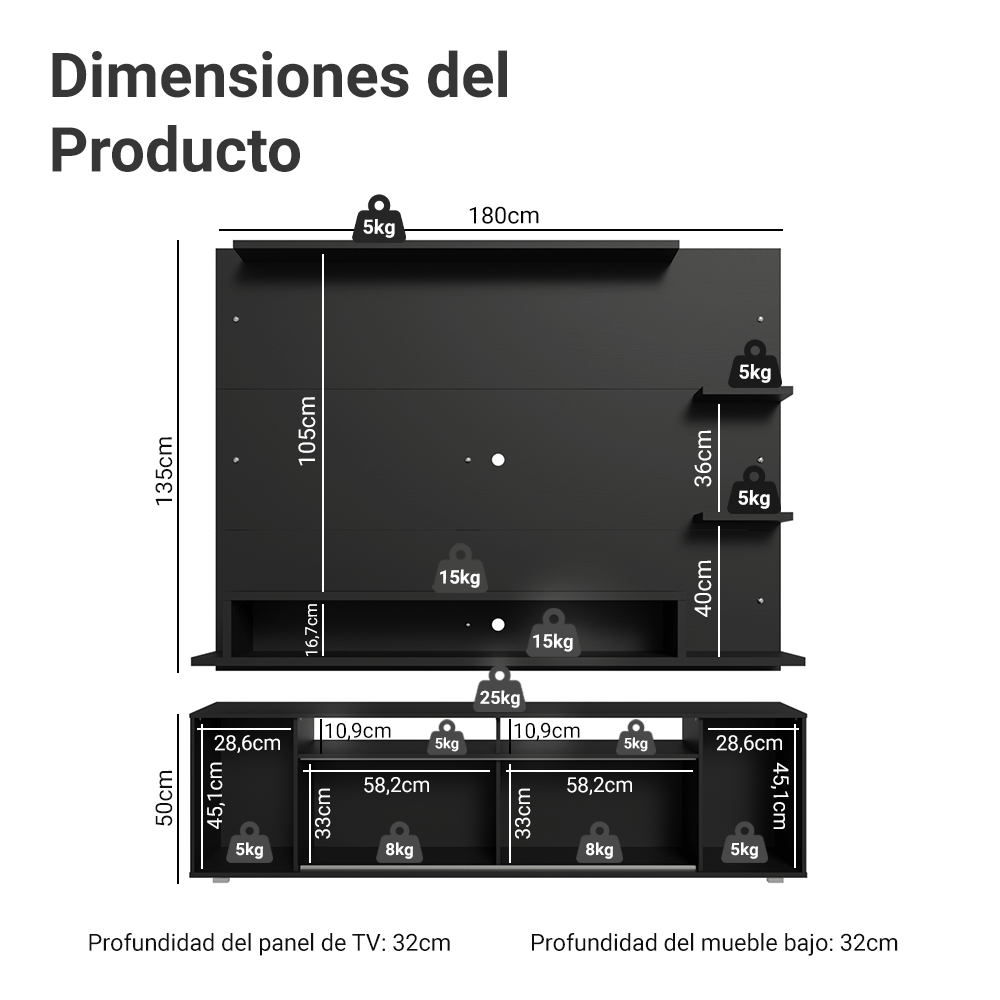 Mueble con Panel para TV hasta 60 Pulgadas 180 cm Negro Cancun Madesa