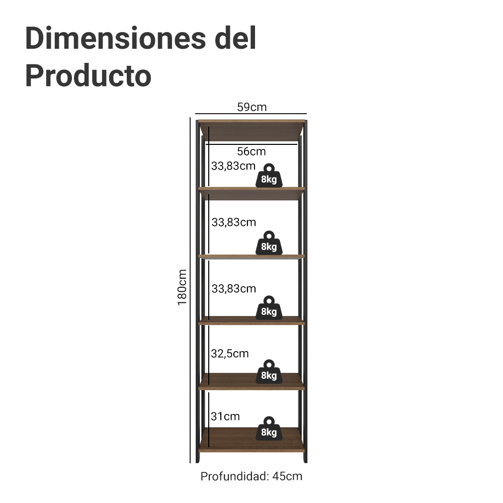 Estante Armario Multiuso para Escritorio 59cm 5 Repisas Marrón/Negro Madesa