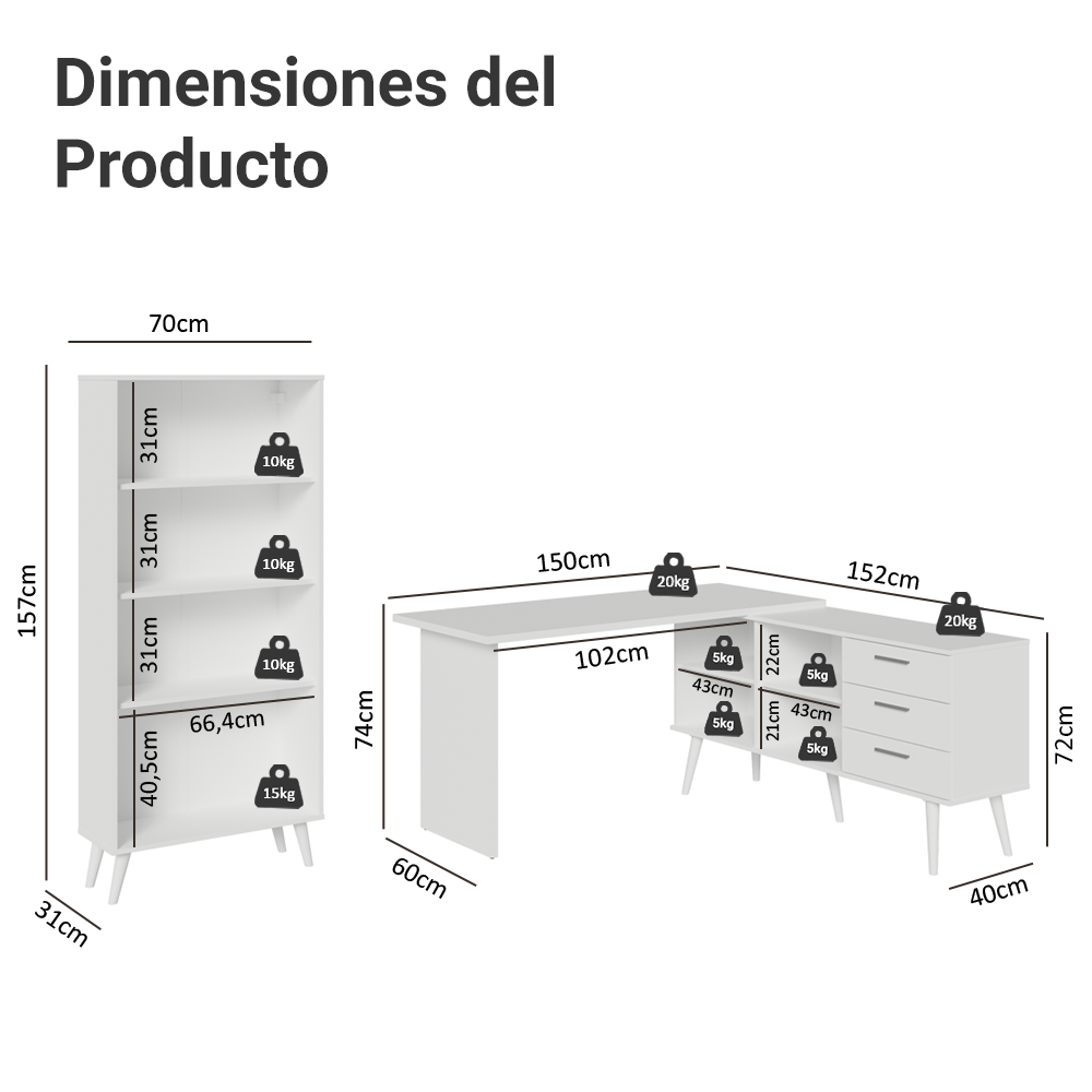 Kit 2 Piezas con Escritorio Esquinero 3 Cajones y Vitrina Multiuso Blanco