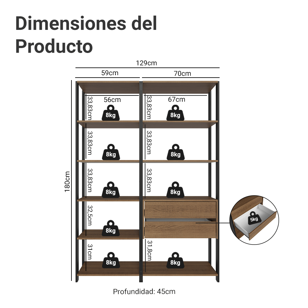 Estante Armario Multiuso para Escritorio 129cm 9 Repisas 2 Gavetas Marrón/Negro Madesa