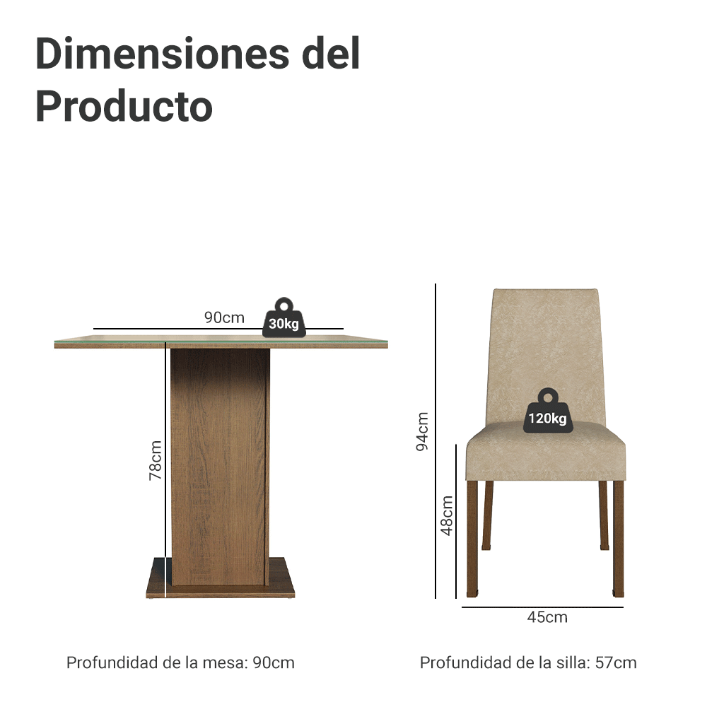 Juego de Comedor Mesa con Encimera de Vidrio con 4 Sillas Marrón/Crema/Imperial Evelin