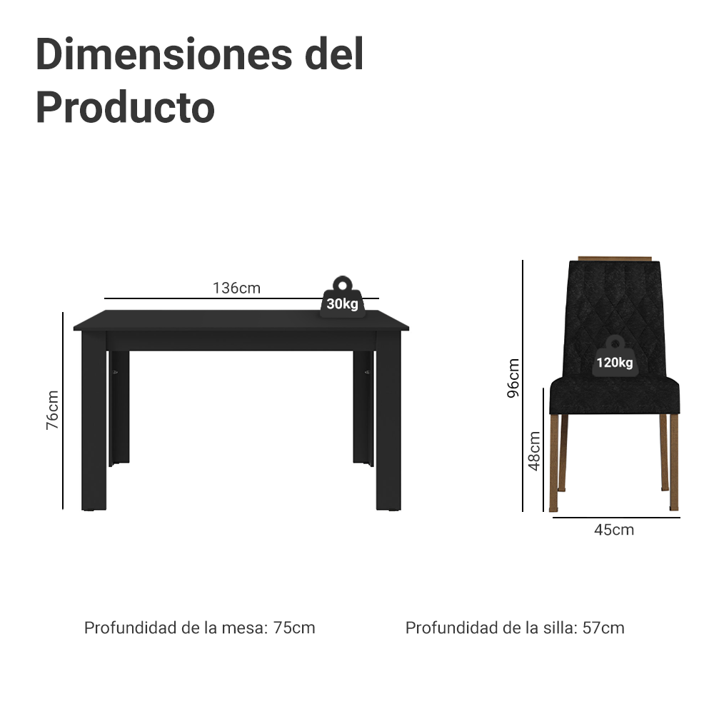 Conjunto de Comedor Encimera de Madera 4 Sillas Marrón/Negro/Oxford Hera Madesa