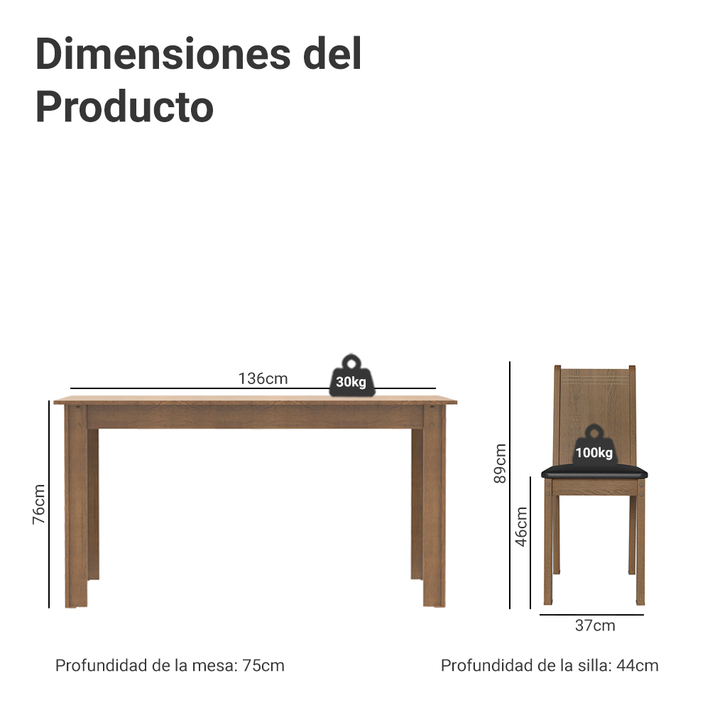 Juego de Comedor Analu Mesa con Encimera de Madera y 6 Sillas Marrón/Negro