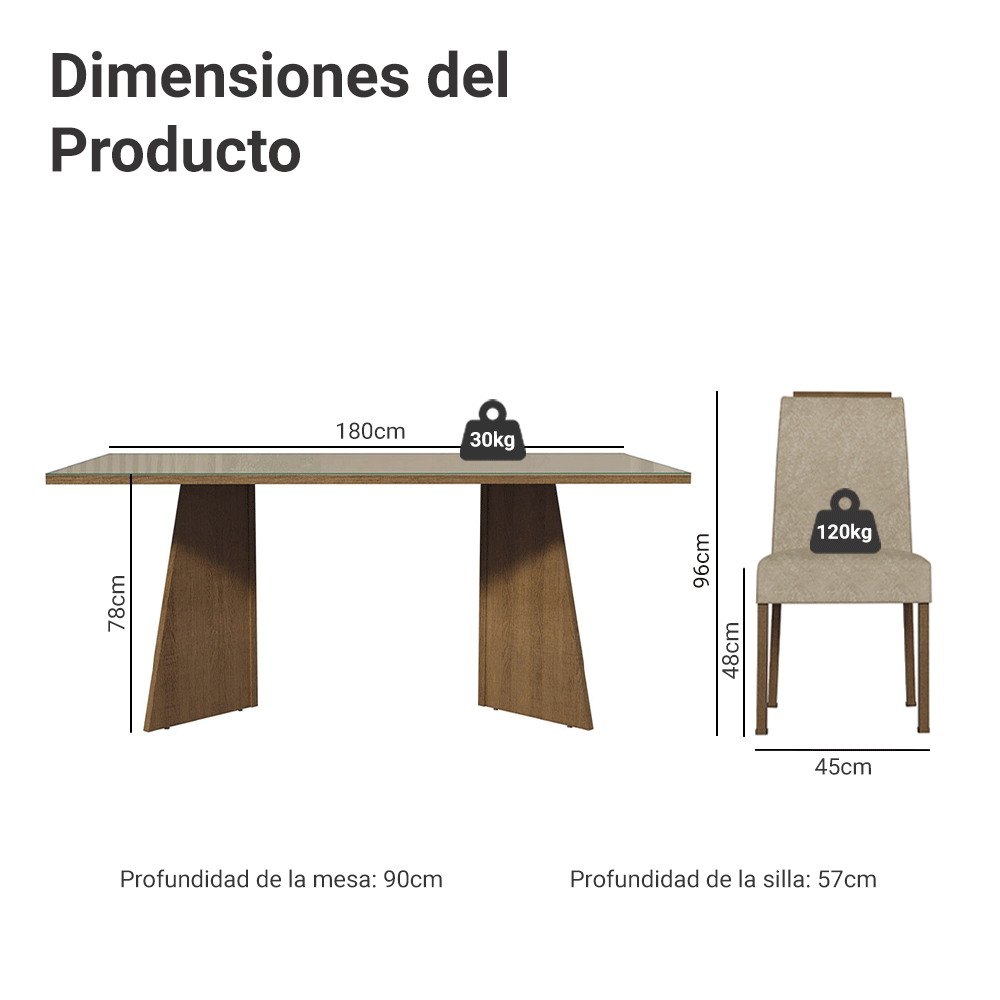 Juego de Comedor Encimera de Vidrio 6 Sillas Marrón/Crema/Imperial Amalfi Madesa