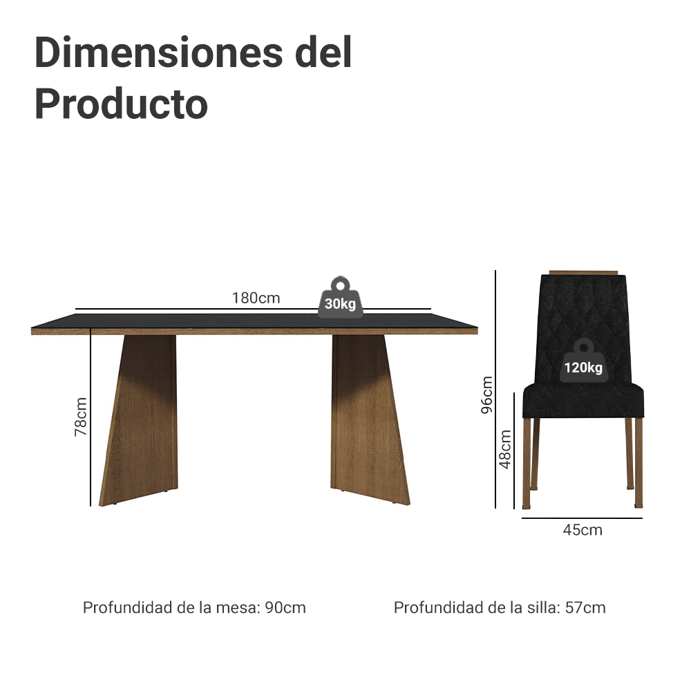 Juego de Comedor Encimera de Vidrio 6 Sillas Marrón/Negro/Oxford Siena Madesa