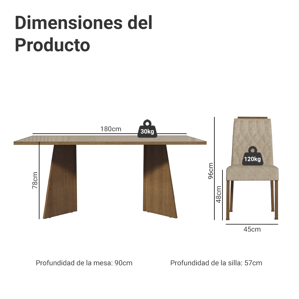 Juego de Comedor Encimera de Vidrio 6 Sillas Marrón/Crema/Imperial Siena Madesa