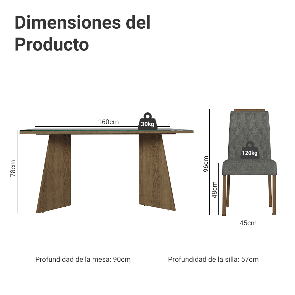 Conjunto de Comedor Encimera de Vidrio 6 Sillas Marrón/Gris/Silver Sintra Madesa