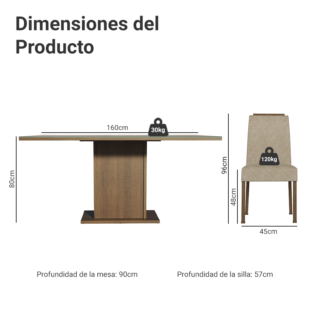 Conjunto de Comedor Encimera de Vidrio 6 Sillas Marrón/Crema/Imperial Dália Madesa