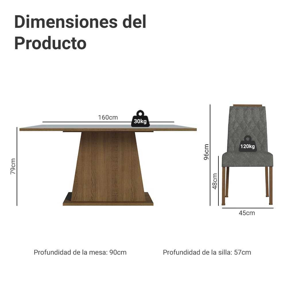 Conjunto de Comedor Encimera de Madera 6 Sillas Marrón/Gris/Silver Cedro Madesa