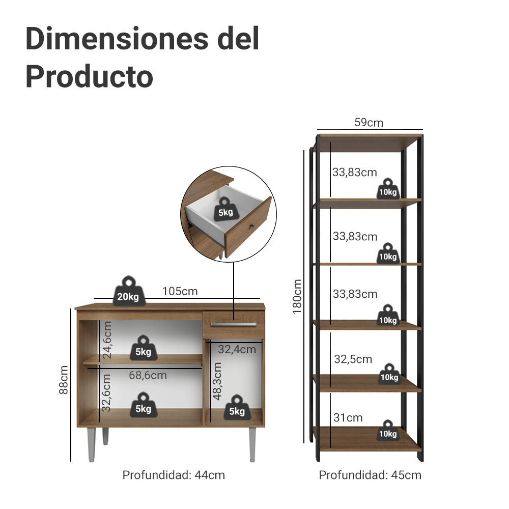 Kit Cocina Gabinete Bajo 3 Puertas 1 Cajón y Estante Despensero 5 Niveles Marrón/Negro
