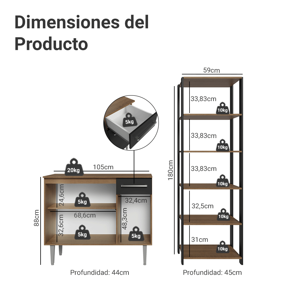 Kit Cocina Gabinete Bajo 3 Puertas 1 Cajón y Estante Despensero 5 Niveles Negro/Marrón