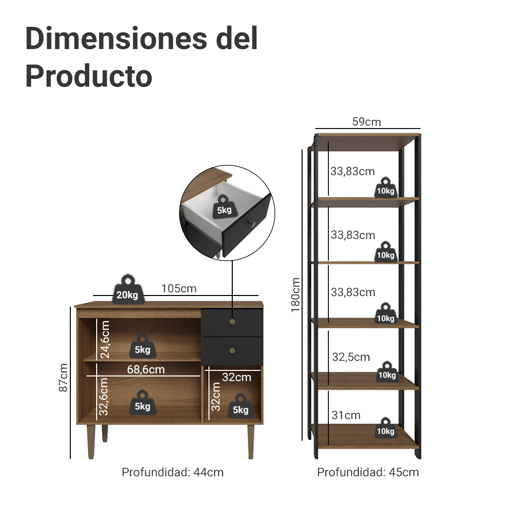 Kit Cocina Gabinete Bajo 3 Puertas 2 Cajones y Estante Despensero 5 Niveles Marrón/Negro