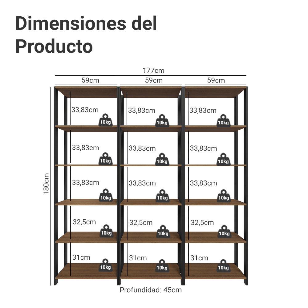 Kit con 3 Estantes Despensero 5 Niveles 177cm Marrón/Negro