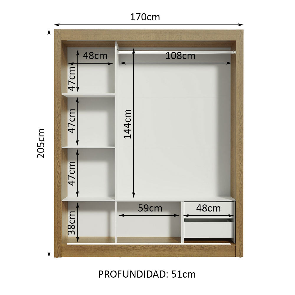 Clóset Matrimonial Lyon 3 Puertas Correderas con Espejos 2 Cajones Marrón/Negro