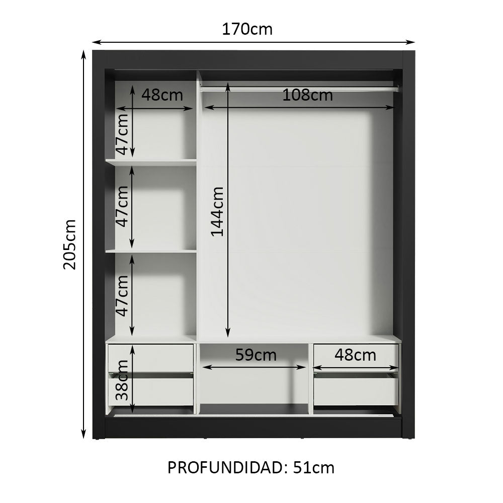 Clóset Matrimonial Lyon Plus 3 Puertas Correderas 4 Cajones Negro