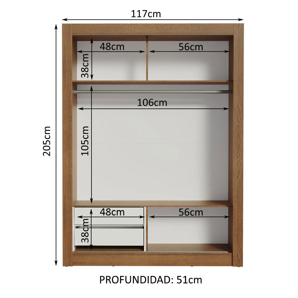 Clóset Soltero 2 Puertas Corredizas con Espejo 2 Cajones Marrón Dallas