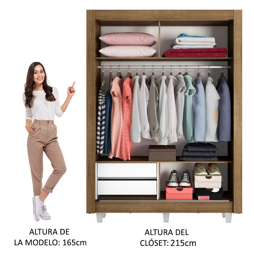 Clóset Soltero 2 Puertas Corredizas con Espejo 2 Cajones con Patas Marrón Dallas