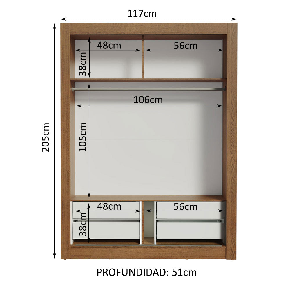 Clóset Soltero 2 Puertas Corredizas con Espejo 4 Cajones Marrón/Negro Dallas Plus