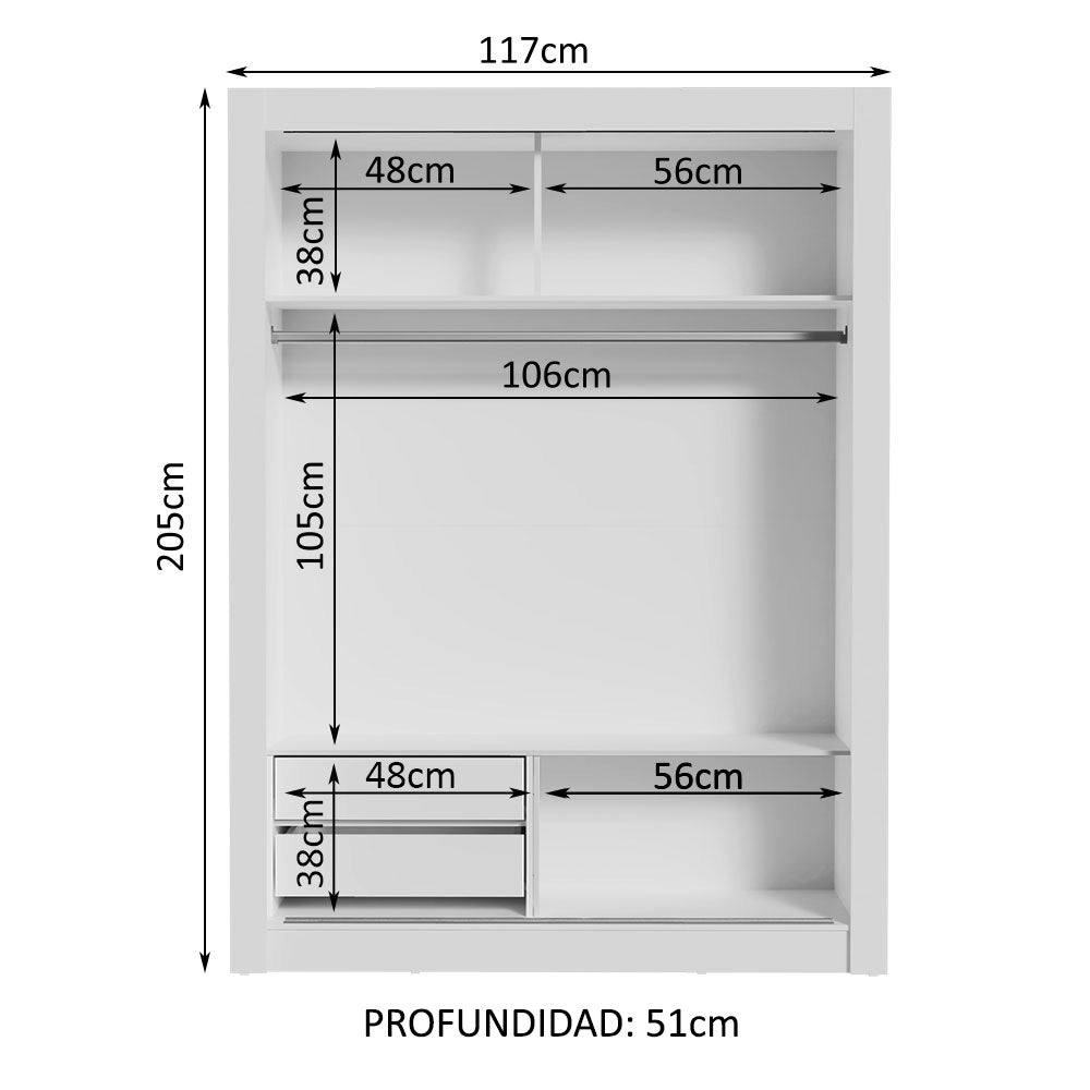 Clóset Soltero 2 Puertas Corredizas con Espejo 2 Cajones Blanco/Marrón Dallas