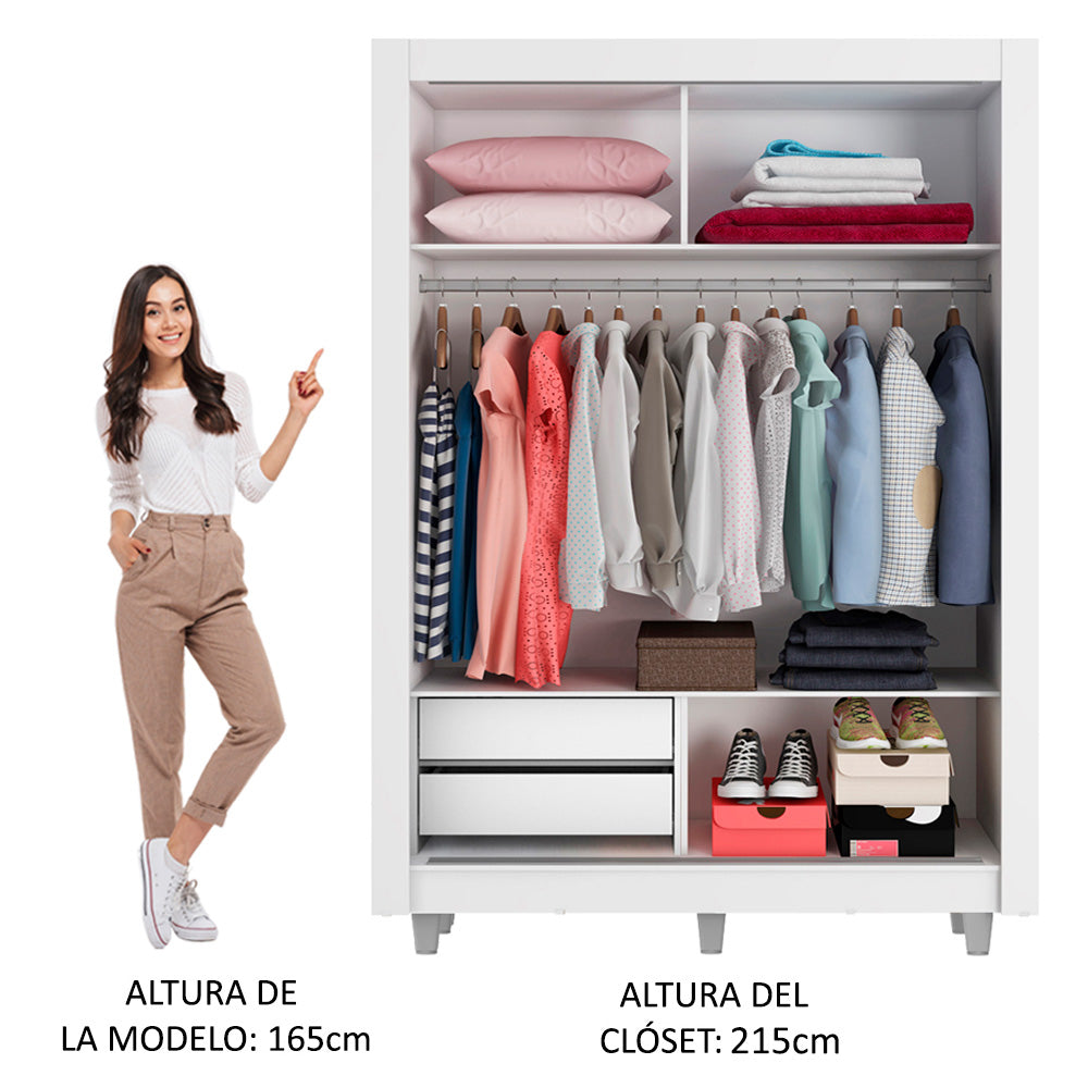 Clóset Soltero 2 Puertas Corredizas Espejo 2 Cajones con Patas Blanco/Marrón Dallas