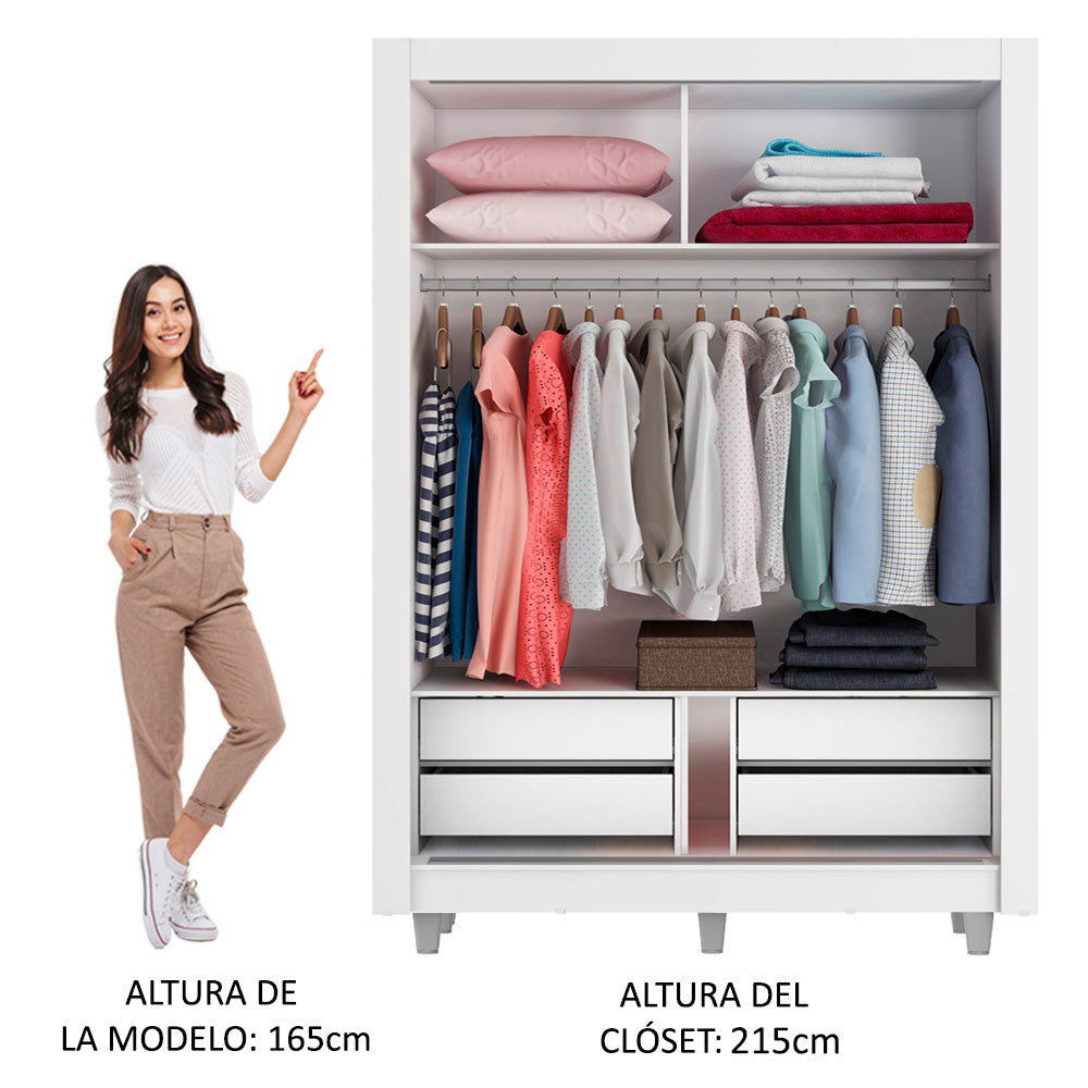 Clóset Soltero 2 Puertas Corredizas Espejo 4 Cajones con Patas Blanco/Marrón Dallas Plus