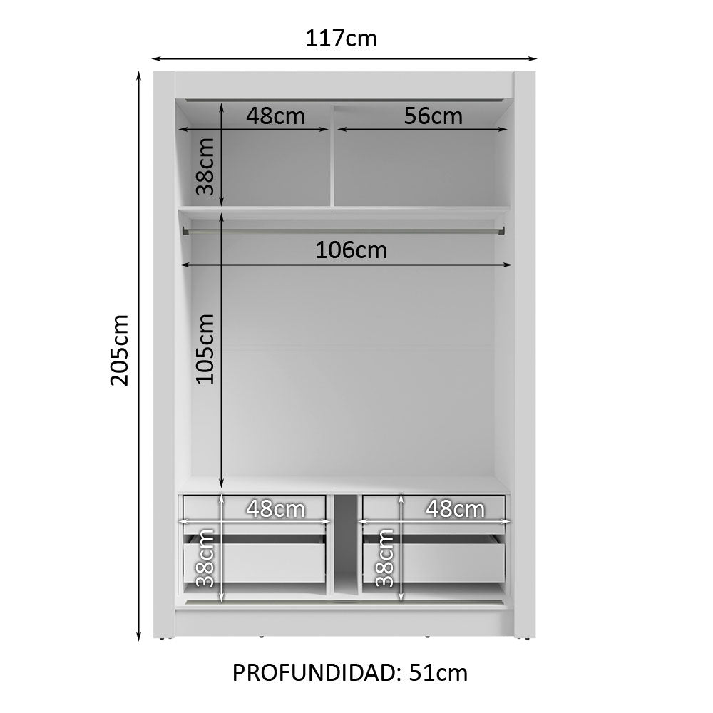 Clóset 2 Puertas Corredizas 4 Cajones Blanco Vivare Plus