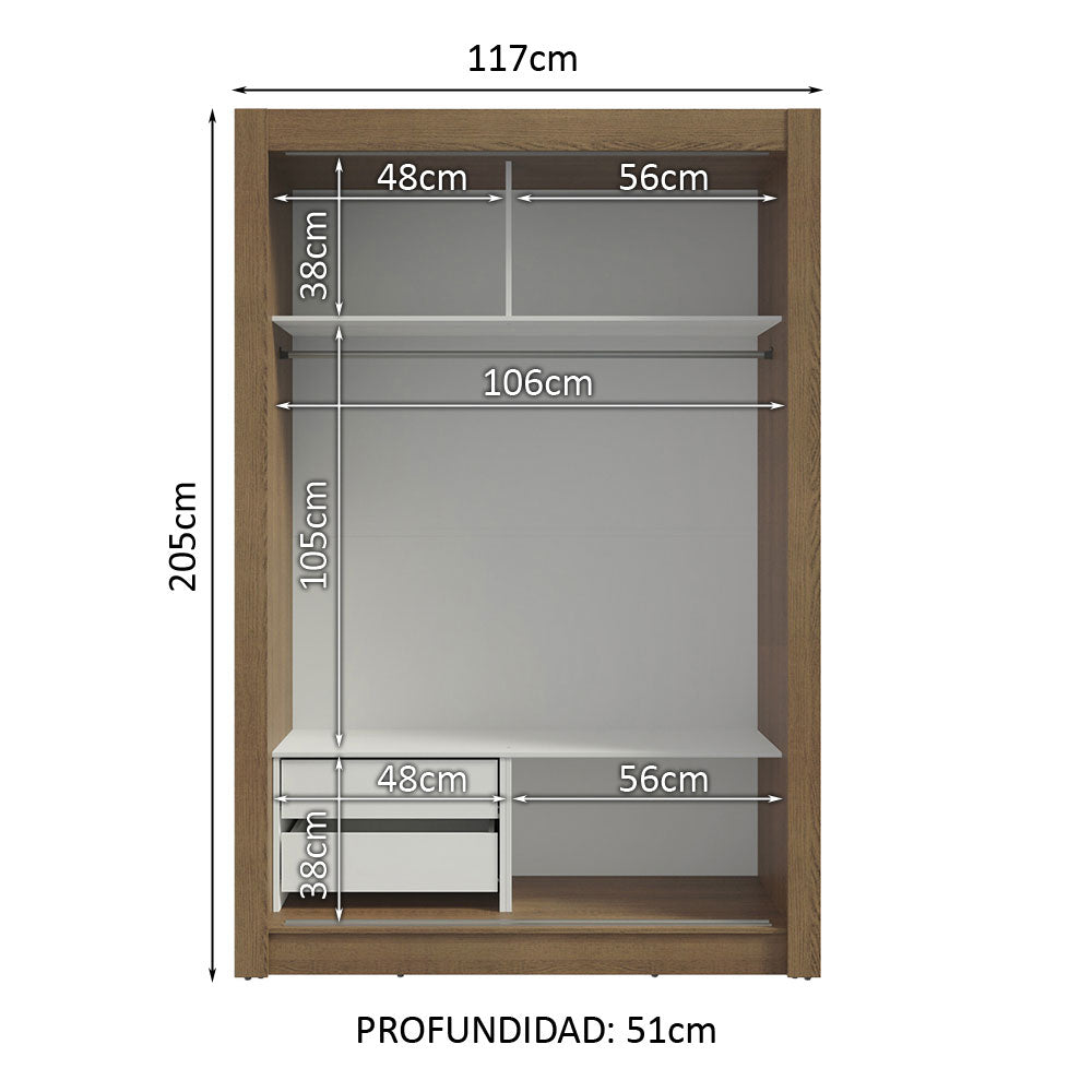 Clóset Soltero 2 Puertas Corredizas con Espejo 2 Cajones Marrón/Negro Vivare
