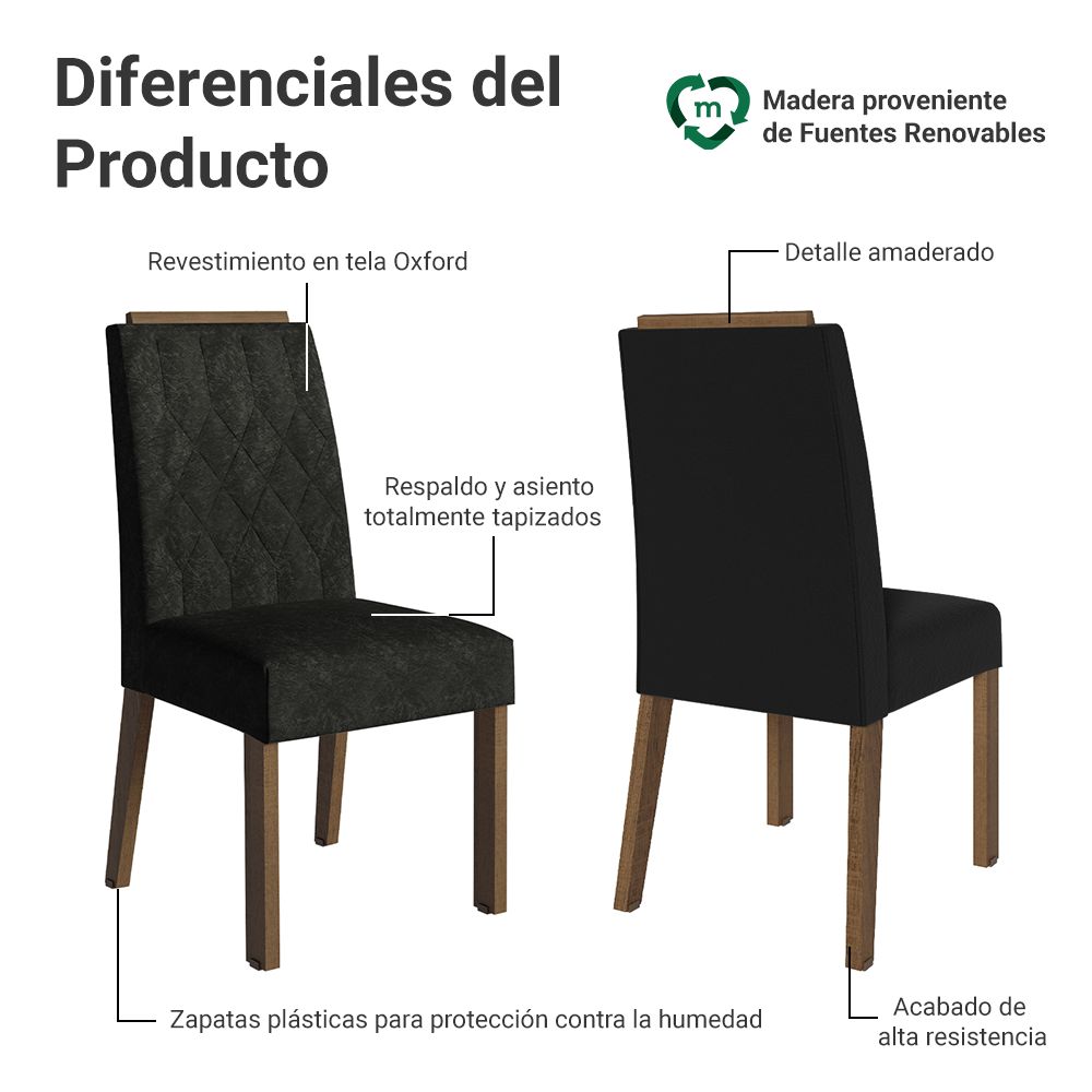 Combo 2 Sillas de Comedor 4256 con Detalle Amaderado Marrón/Oxford Madesa